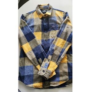 Hollister Mens or Young Mens Button Down Flannel, Blue and Yellow Plaid